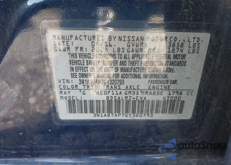 2016 Nissan Sentra Sr z USA, uszkodzony, nr VIN 3N1AB7AP7GY320793